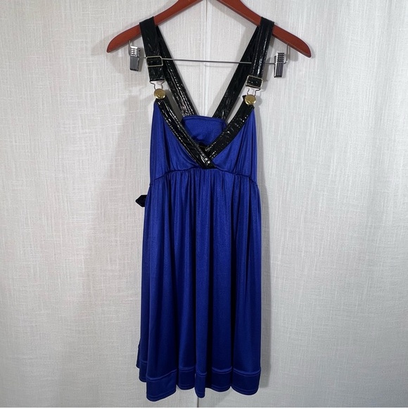 Rocawear NWT Blue Faux Patent Leather Buckle Strap Mini Babydoll Dress Size L - Picture 1 of 15